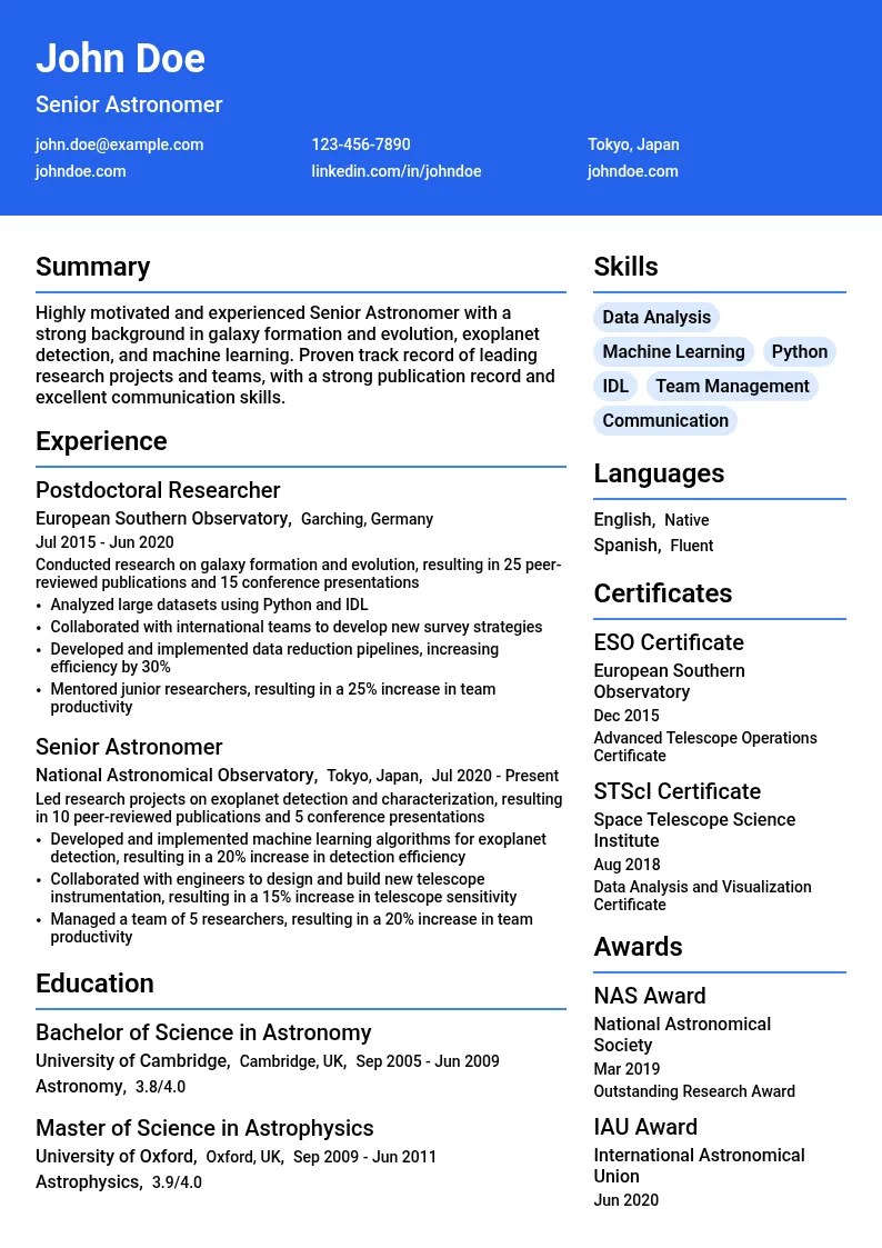 Senior Astronomer resume example