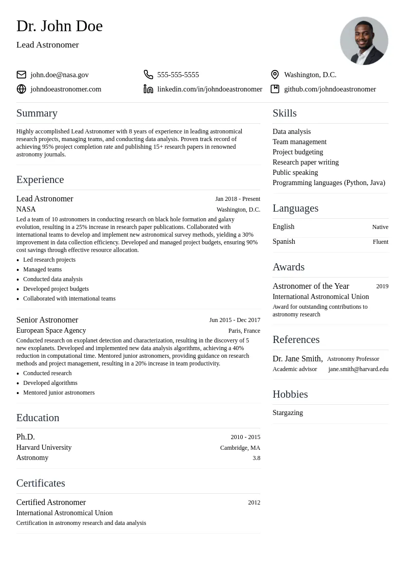 Lead Astronomer resume example