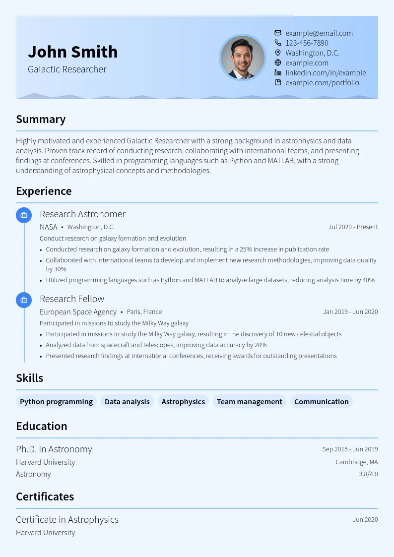 Galactic Researcher resume example