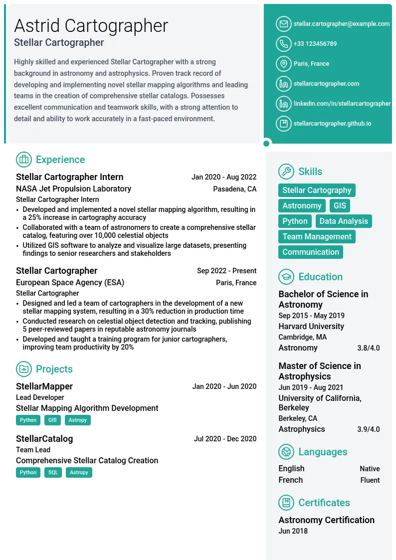 Stellar Cartographer resume example