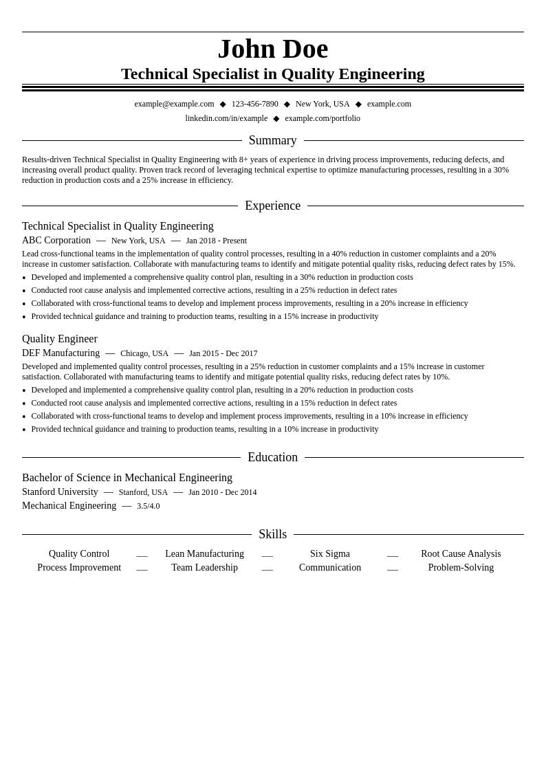 Technical Specialist in Quality Engineering resume example