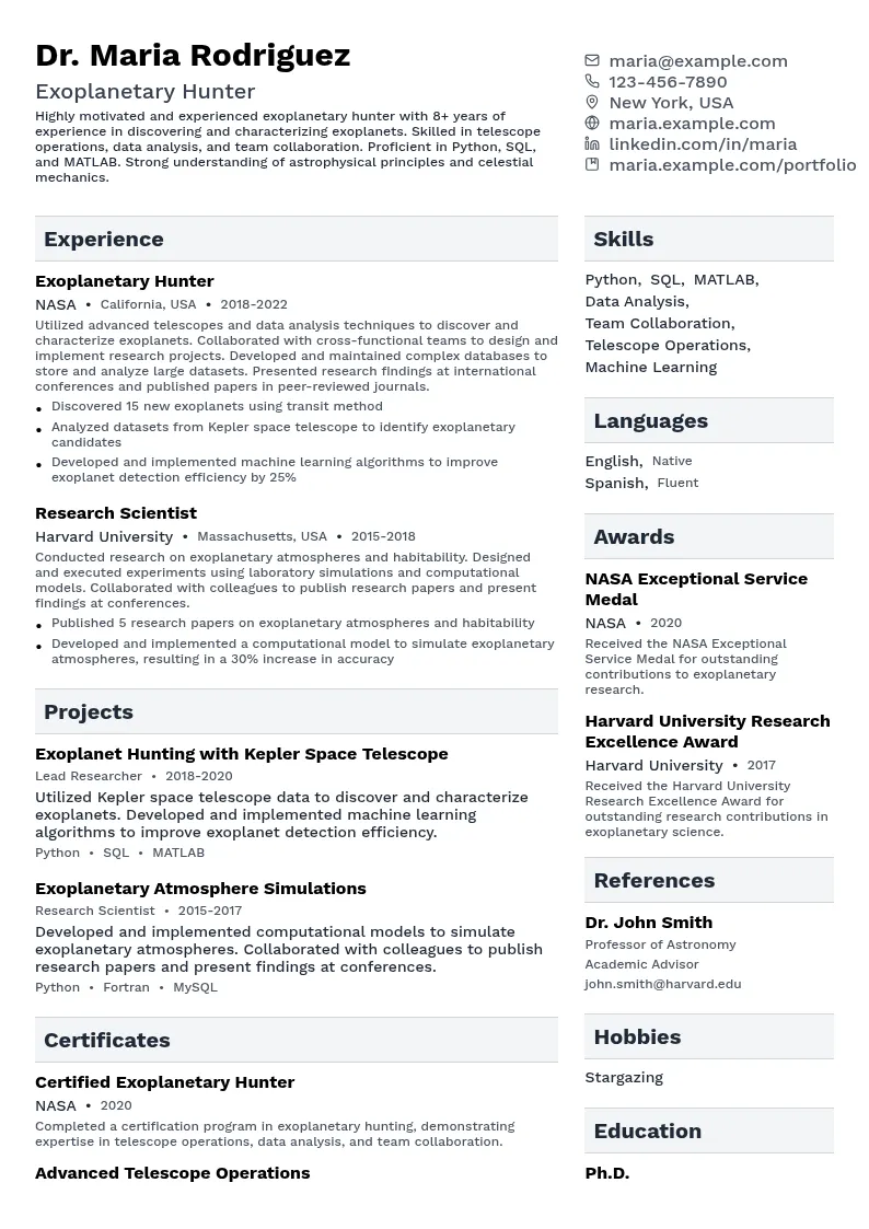 Exoplanetary Hunter resume example