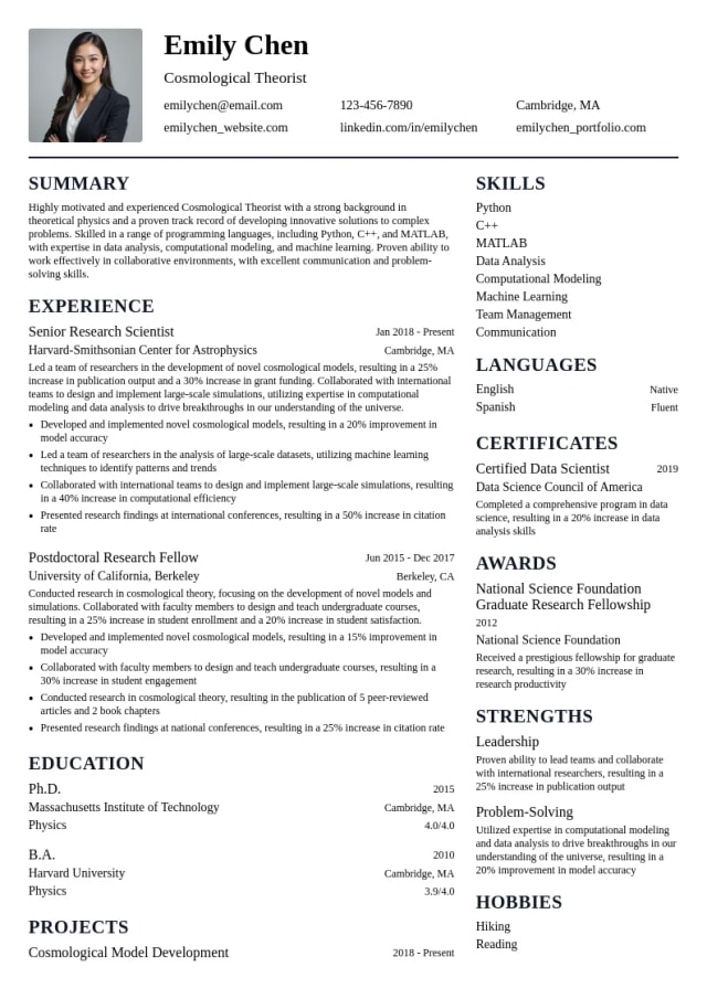 Cosmological Theorist resume example