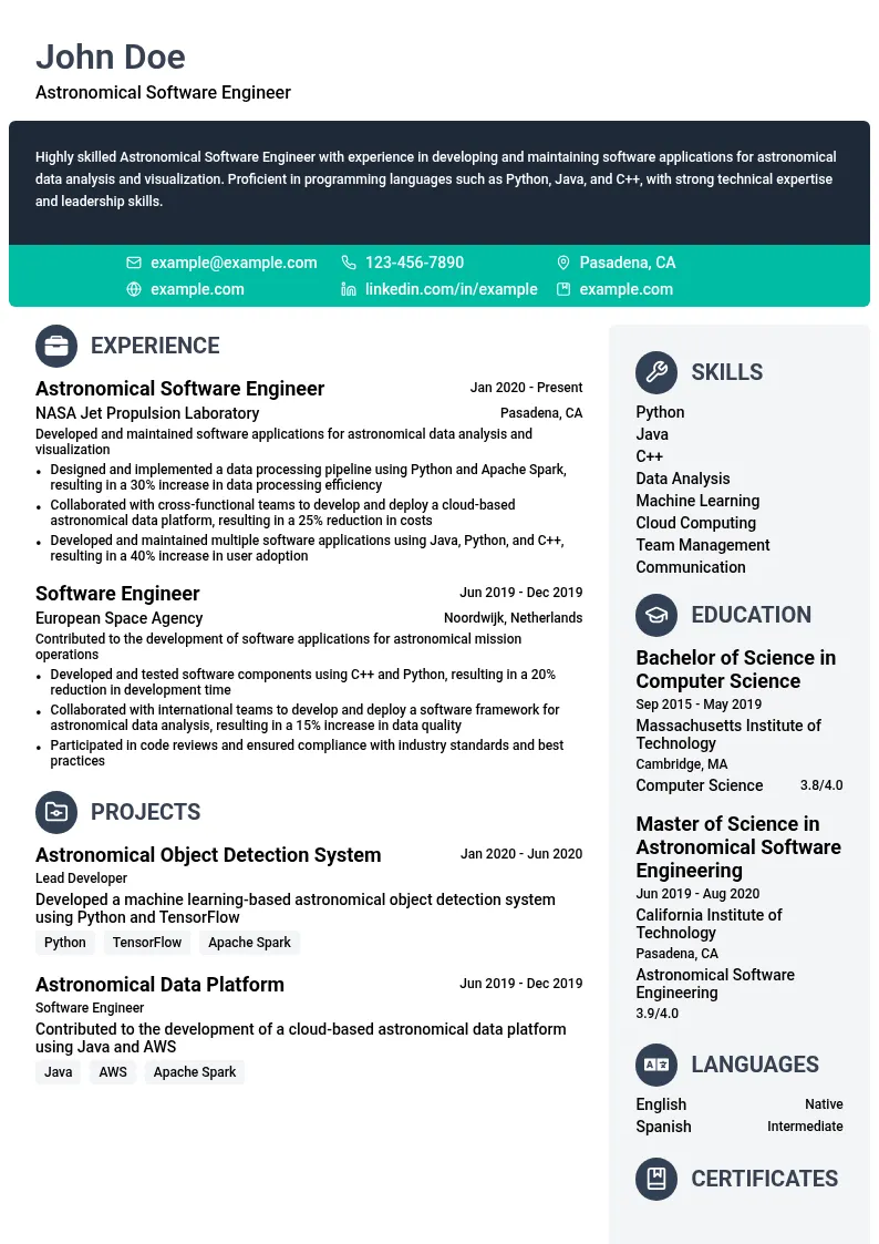 Astronomical Software Engineer resume example