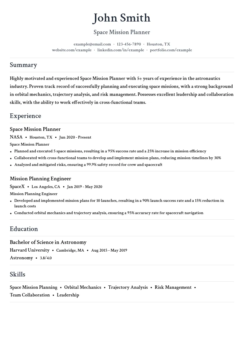 Space Mission Planner resume example
