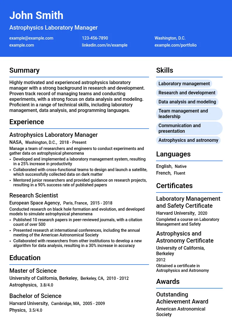 Astrophysics Laboratory Manager resume example