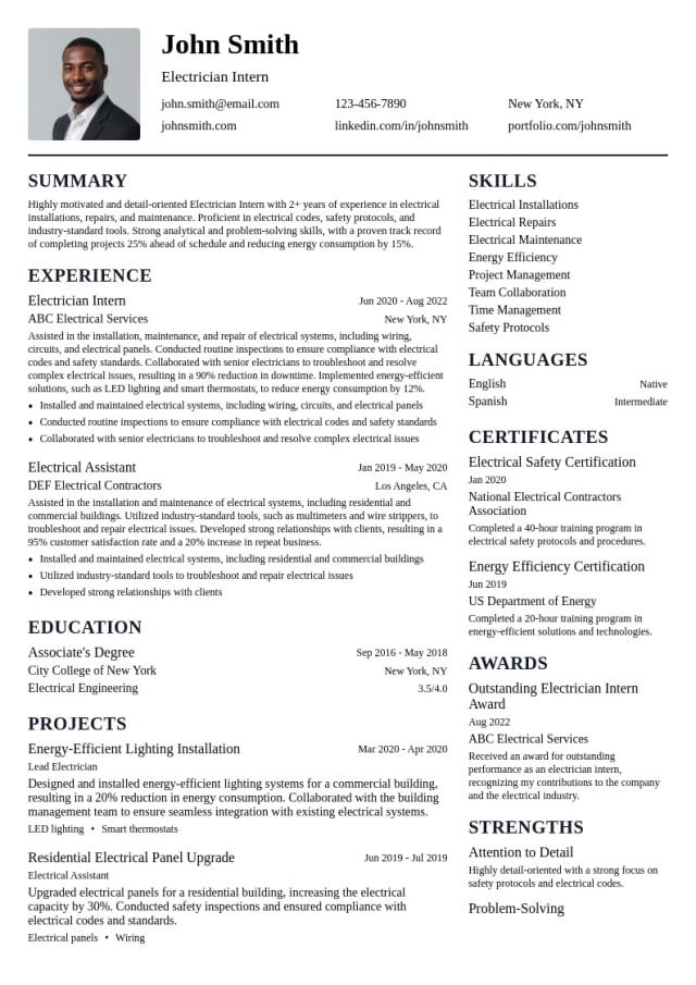 Electrician Intern resume example