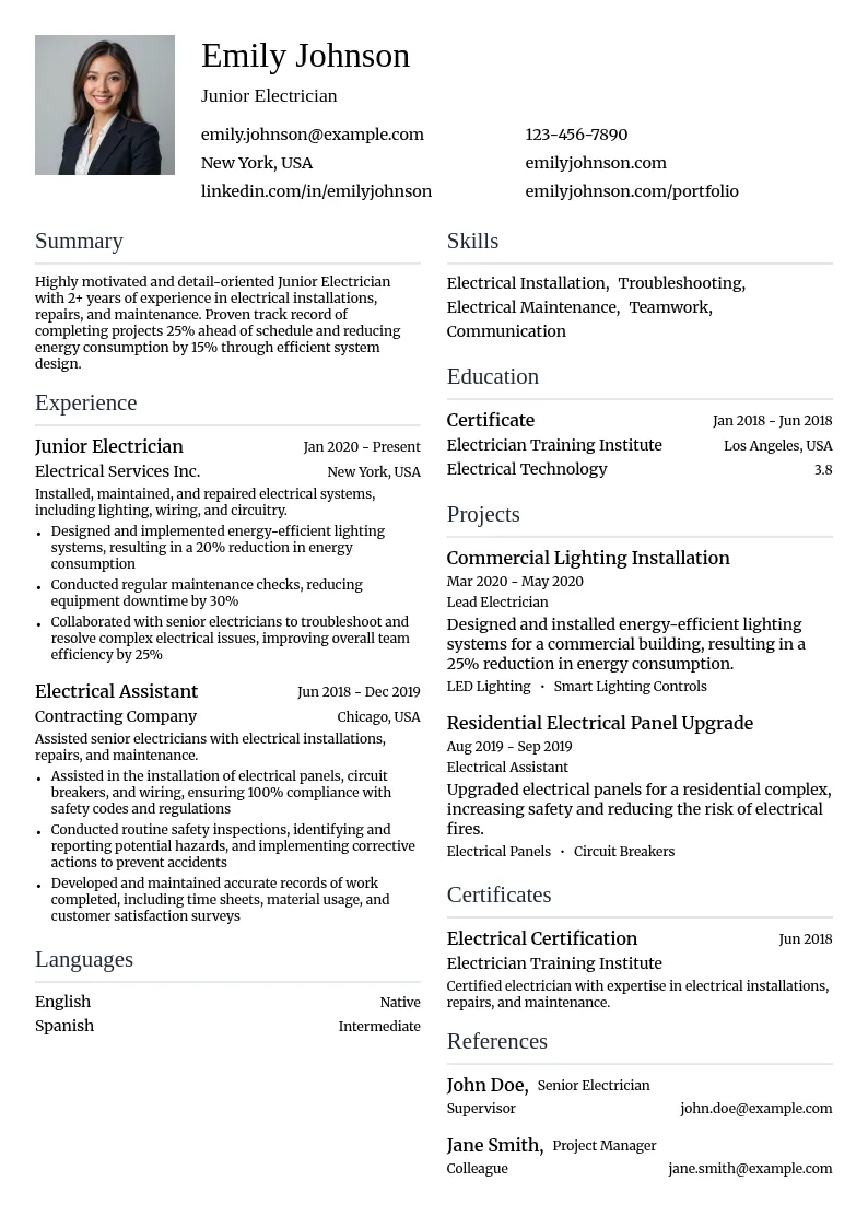 Junior Electrician resume example