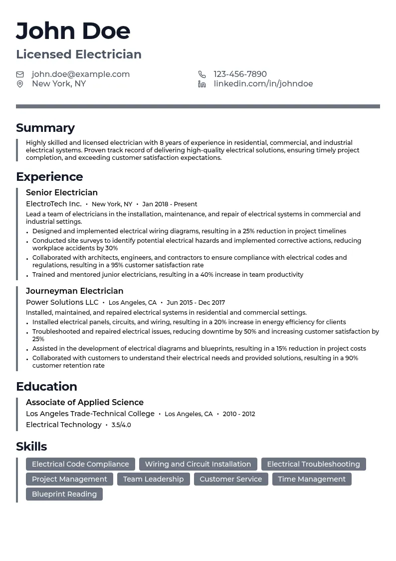 Licensed Electrician resume example