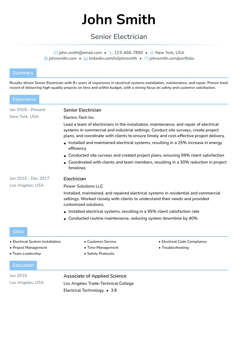 Senior Electrician resume example