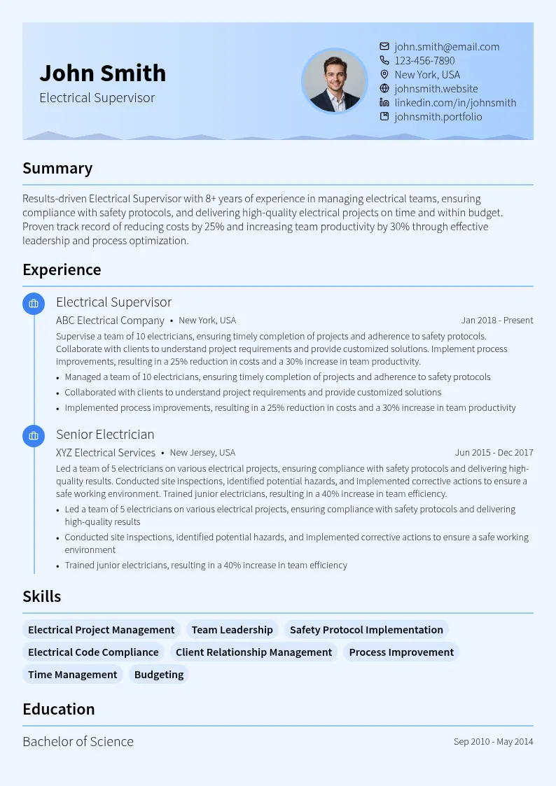 Electrical Supervisor resume example