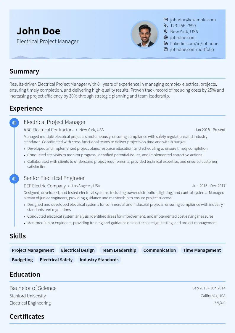 Electrical Project Manager resume example