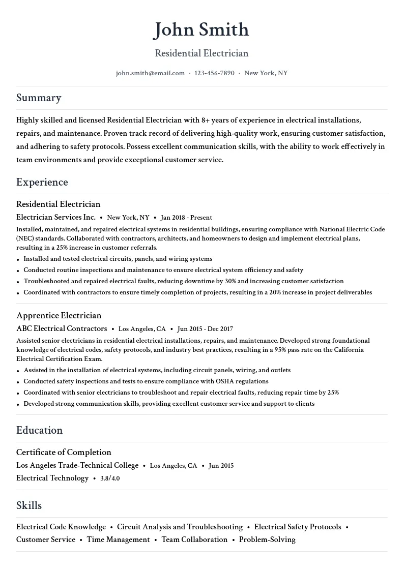Residential Electrician resume example