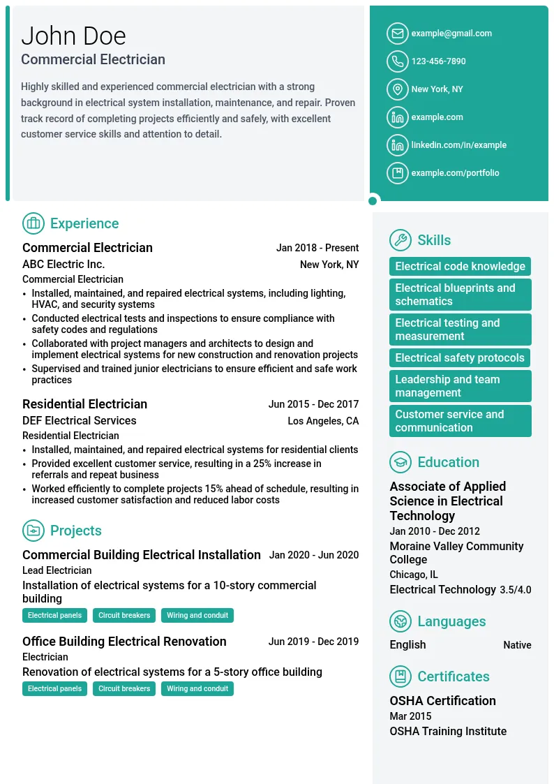 Commercial Electrician resume example