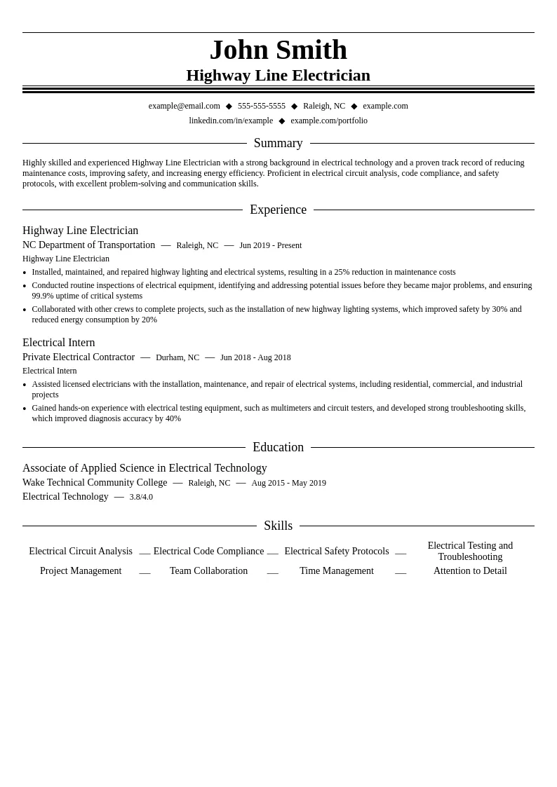 Highway Line Electrician resume example