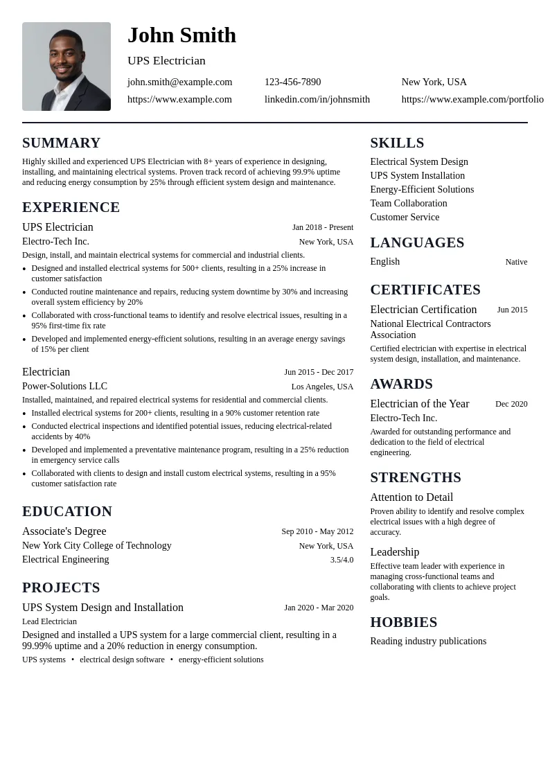 UPS Electrician resume example