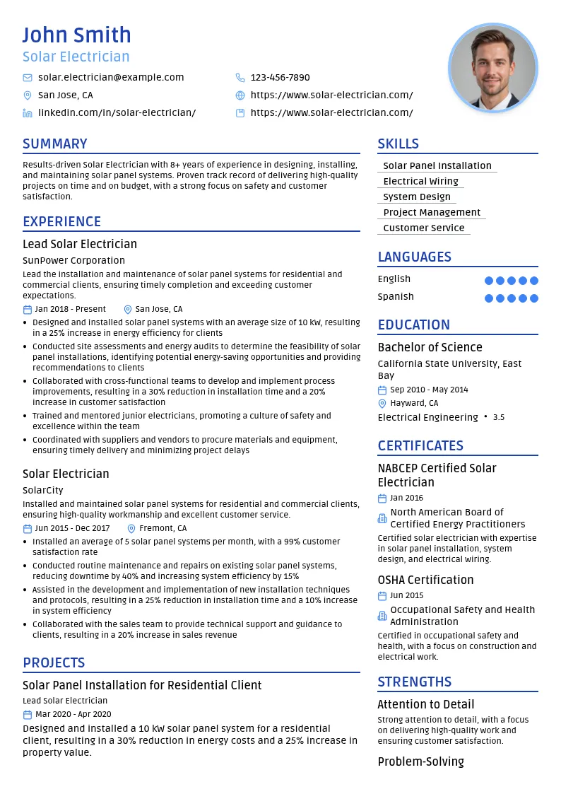 Solar Electrician resume example