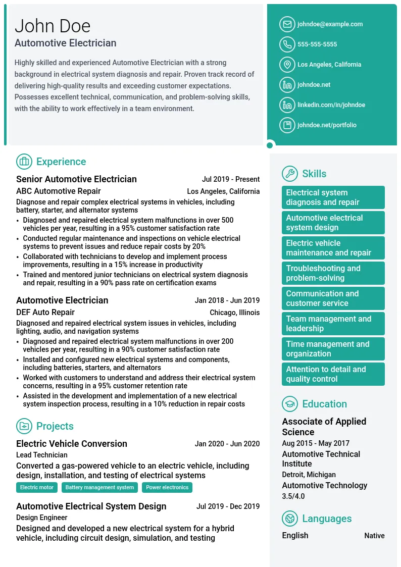 Automotive Electrician resume example