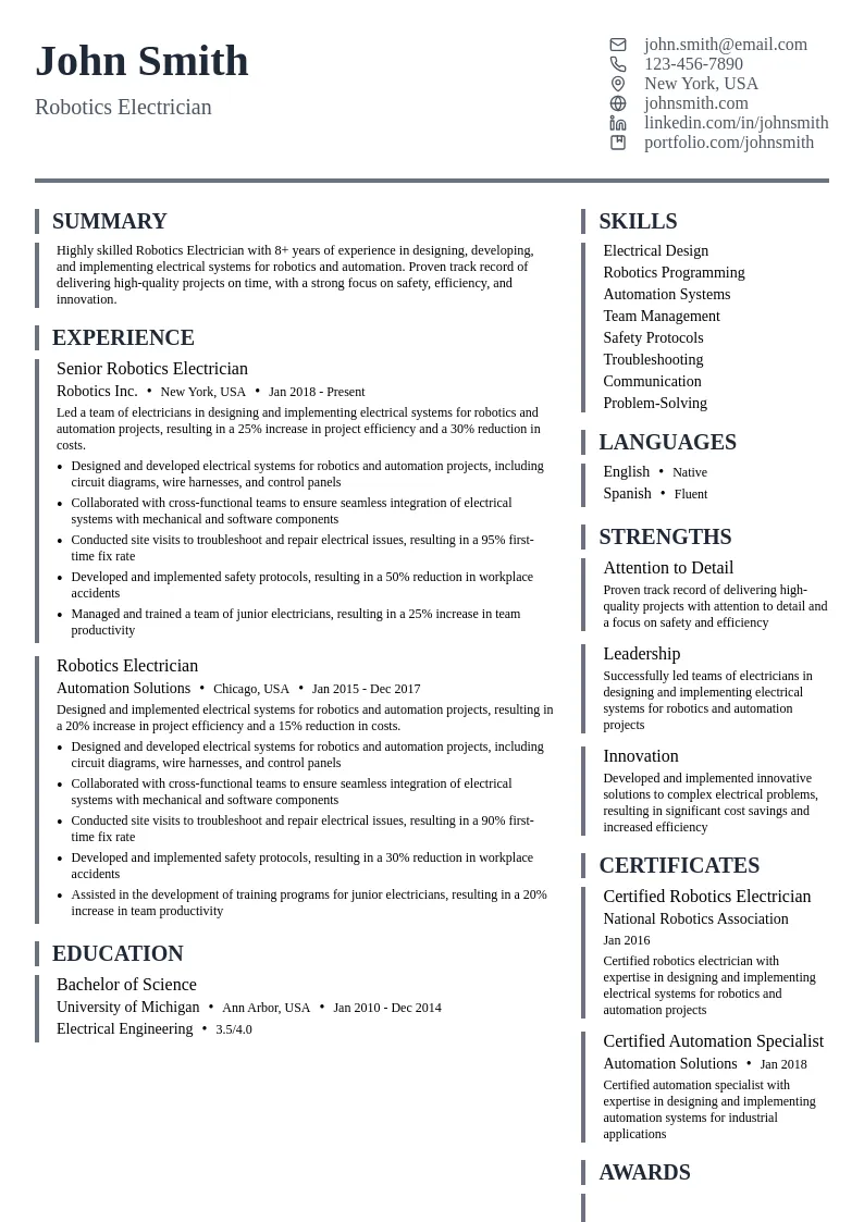 Robotics Electrician resume example