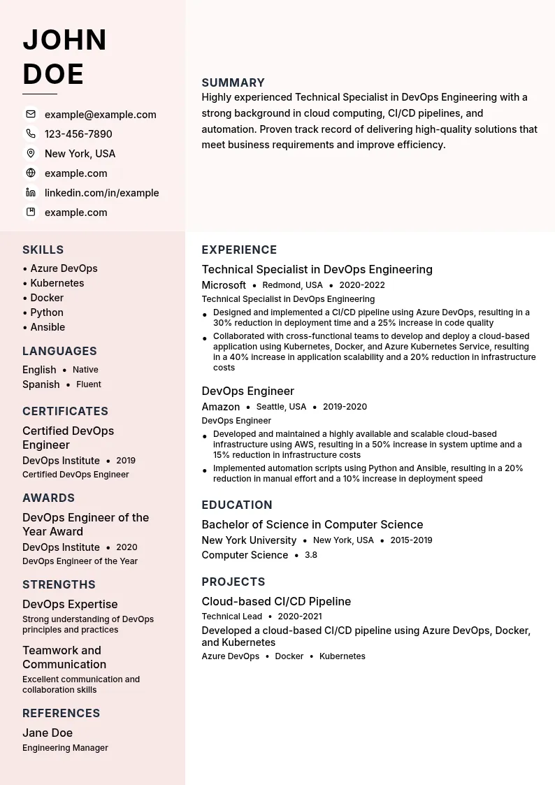 Technical Specialist in DevOps Engineering resume example