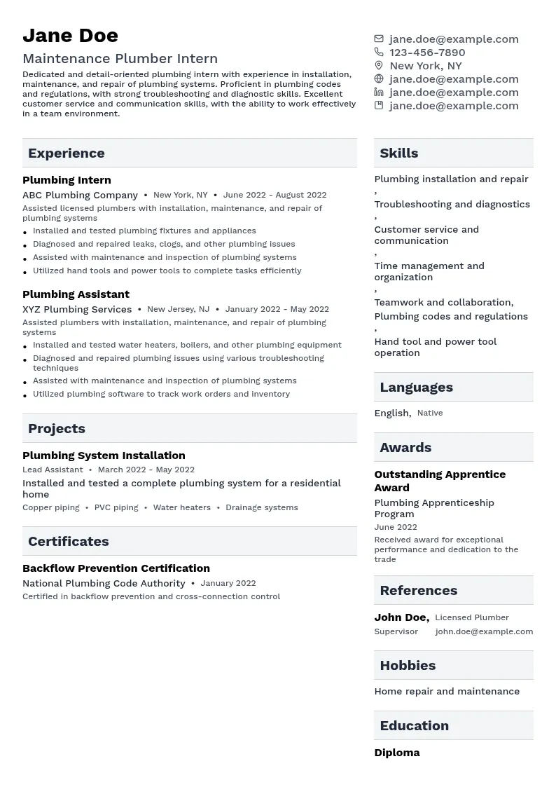 Maintenance Plumber Intern resume example