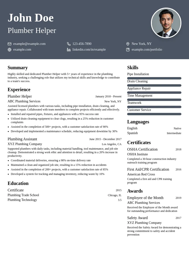 Plumber Helper resume example