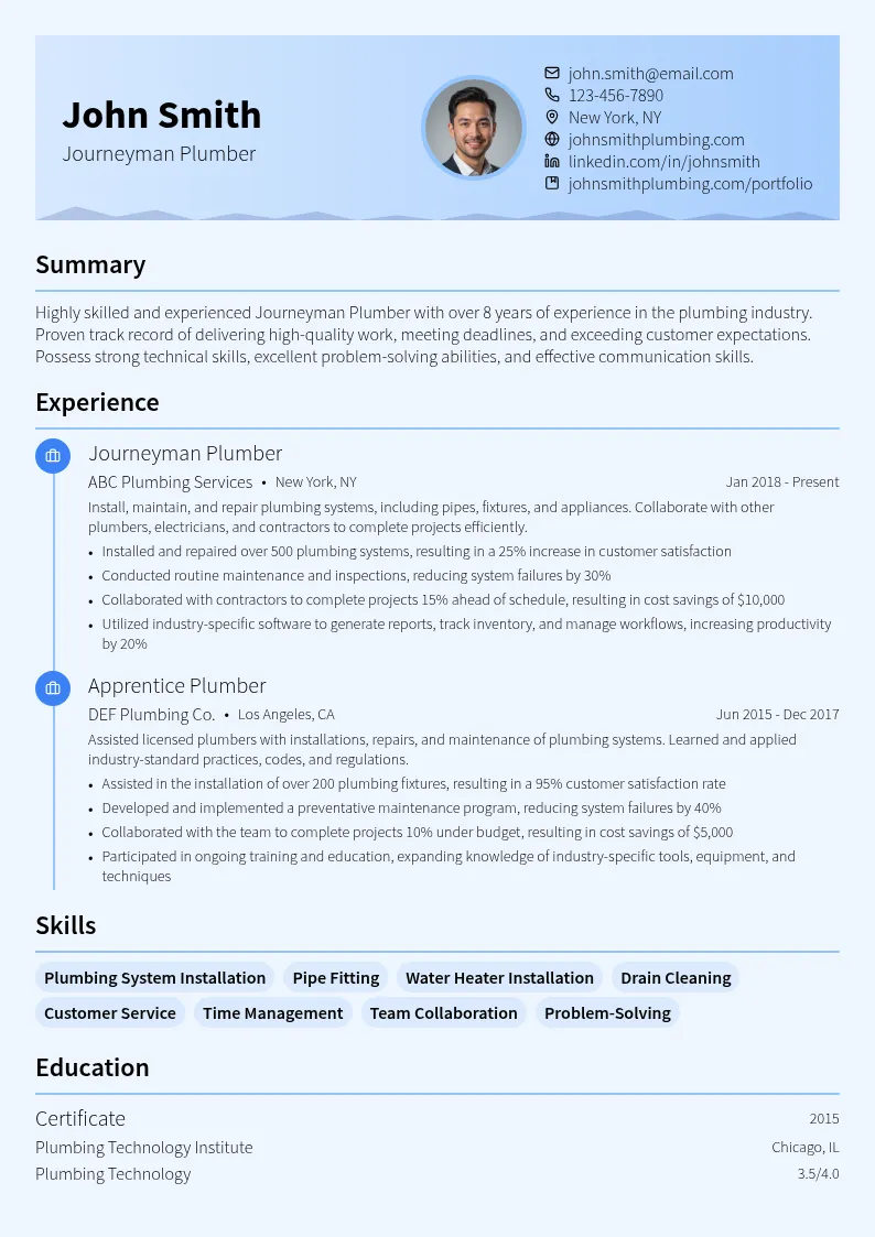 Journeyman Plumber resume example