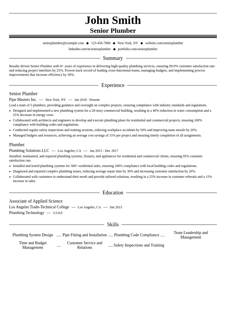 Senior Plumber resume example
