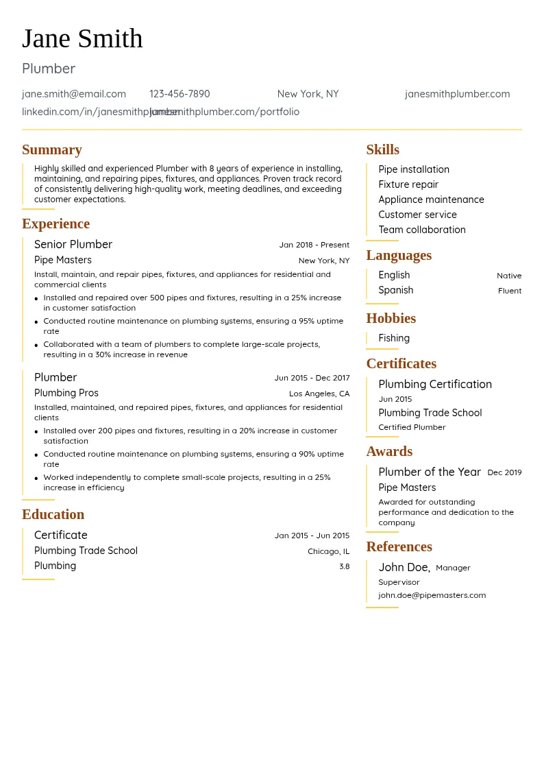 Plumber resume example