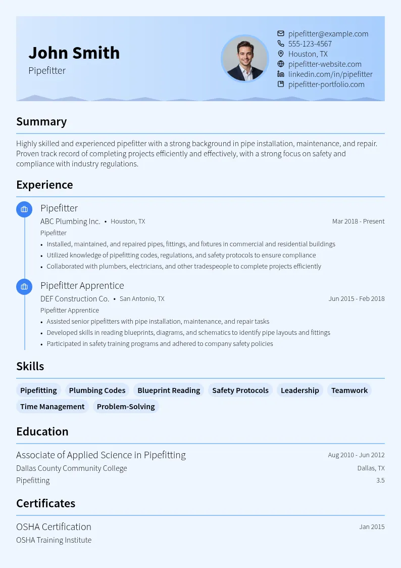 Pipefitter resume example