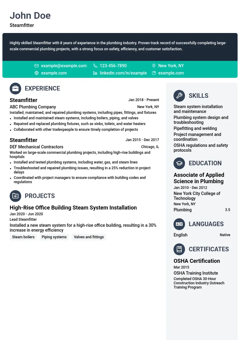 Steamfitter resume example