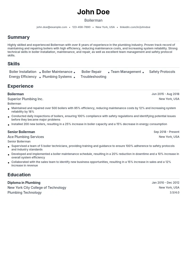 Boilerman resume example