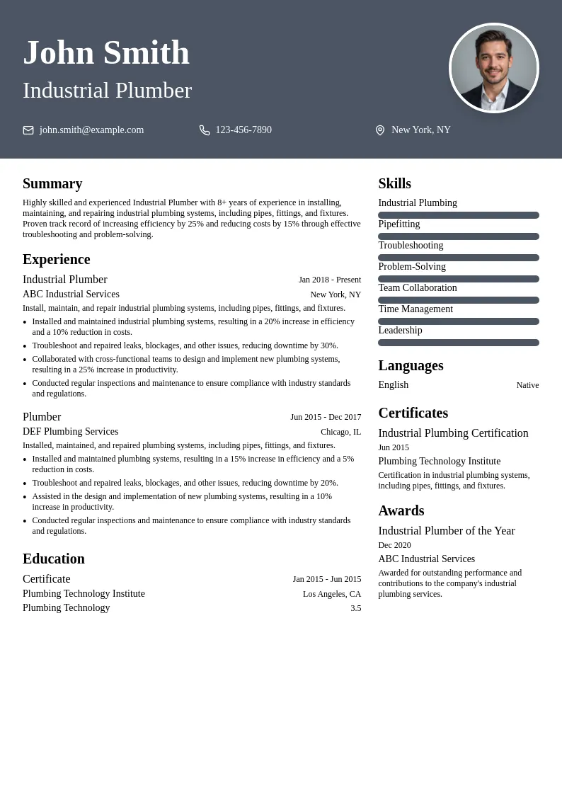 Industrial Plumber resume example