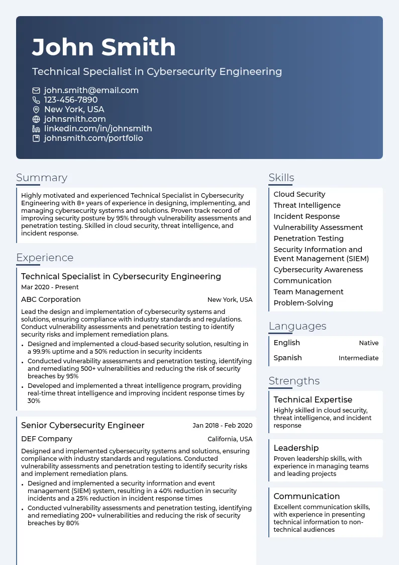 Technical Specialist in Cybersecurity Engineering resume example