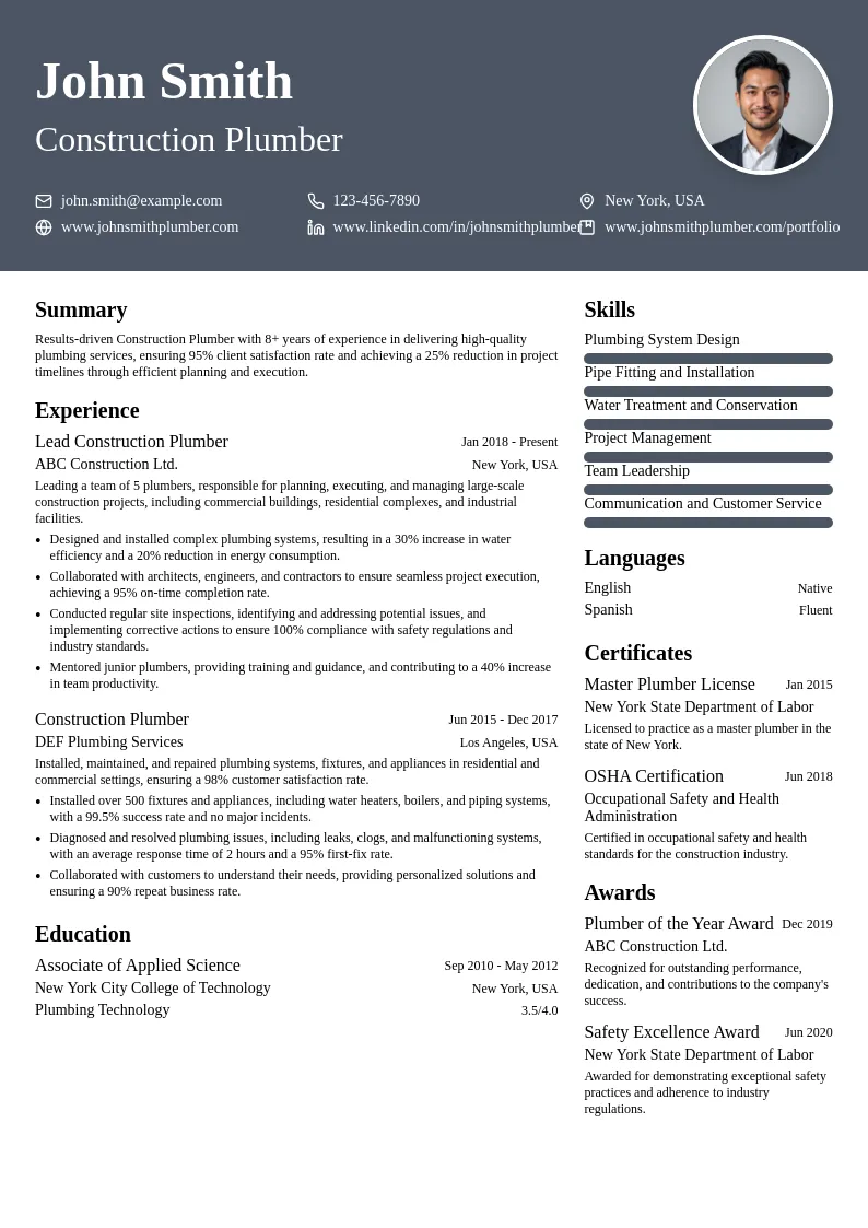 Construction Plumber resume example