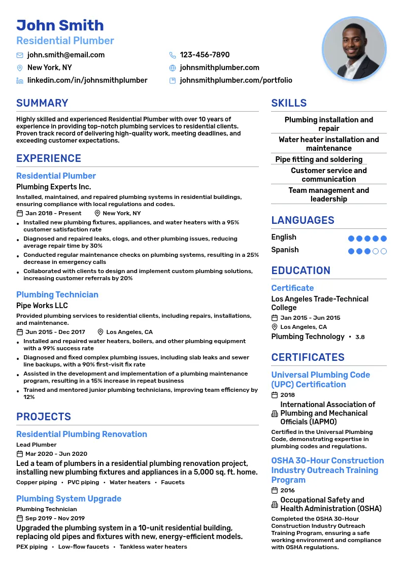 Residential Plumber resume example