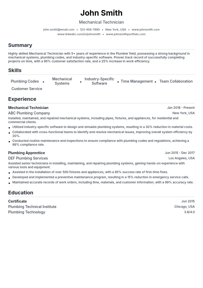Mechanical Technician resume example