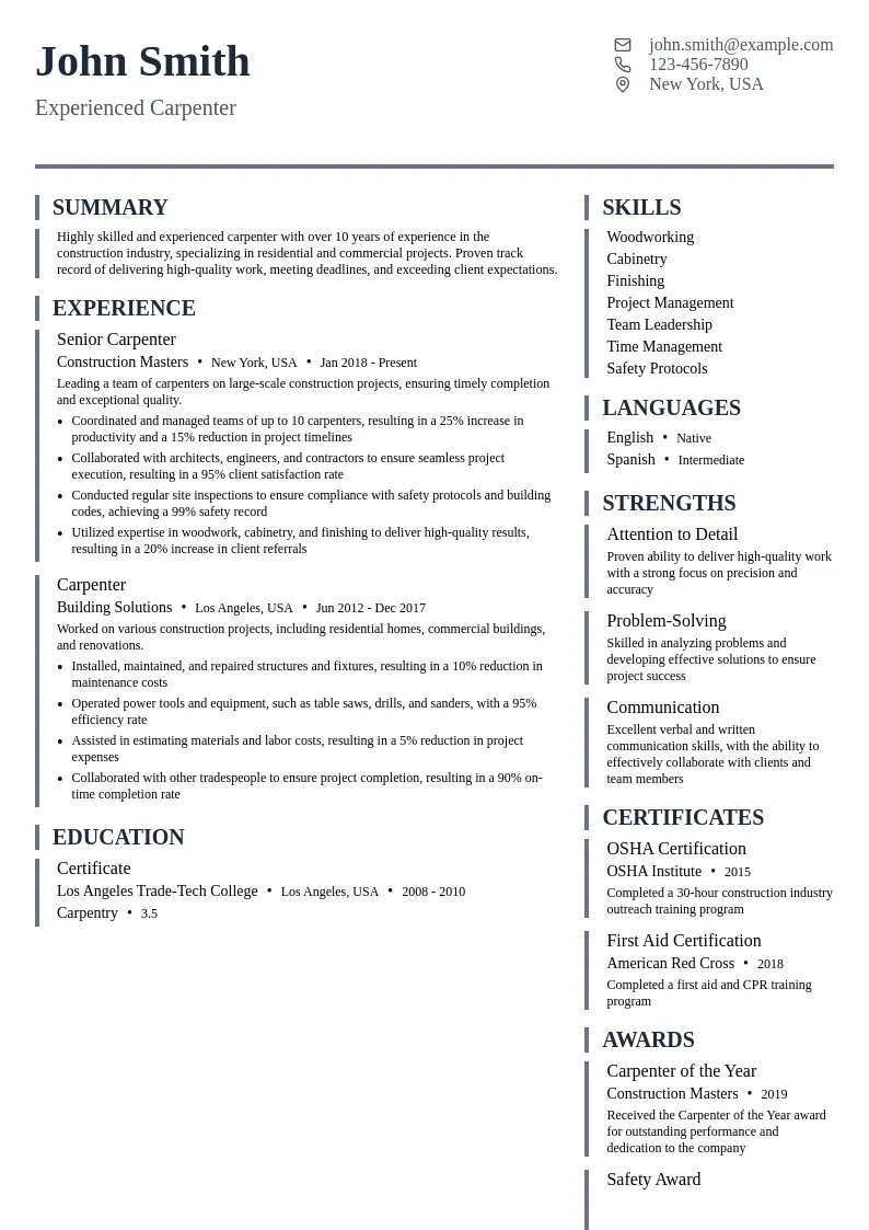Experienced Carpenter resume example
