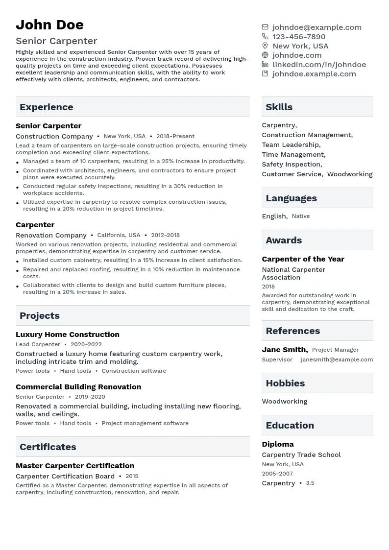 Senior Carpenter resume example