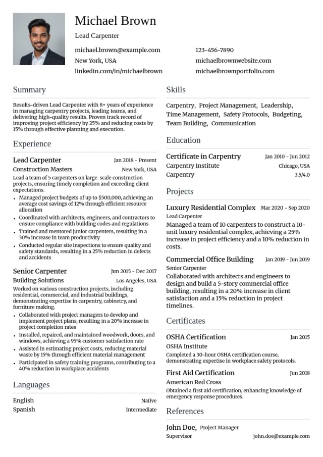 Lead Carpenter resume example