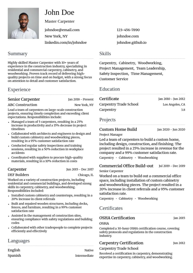 Master Carpenter resume example