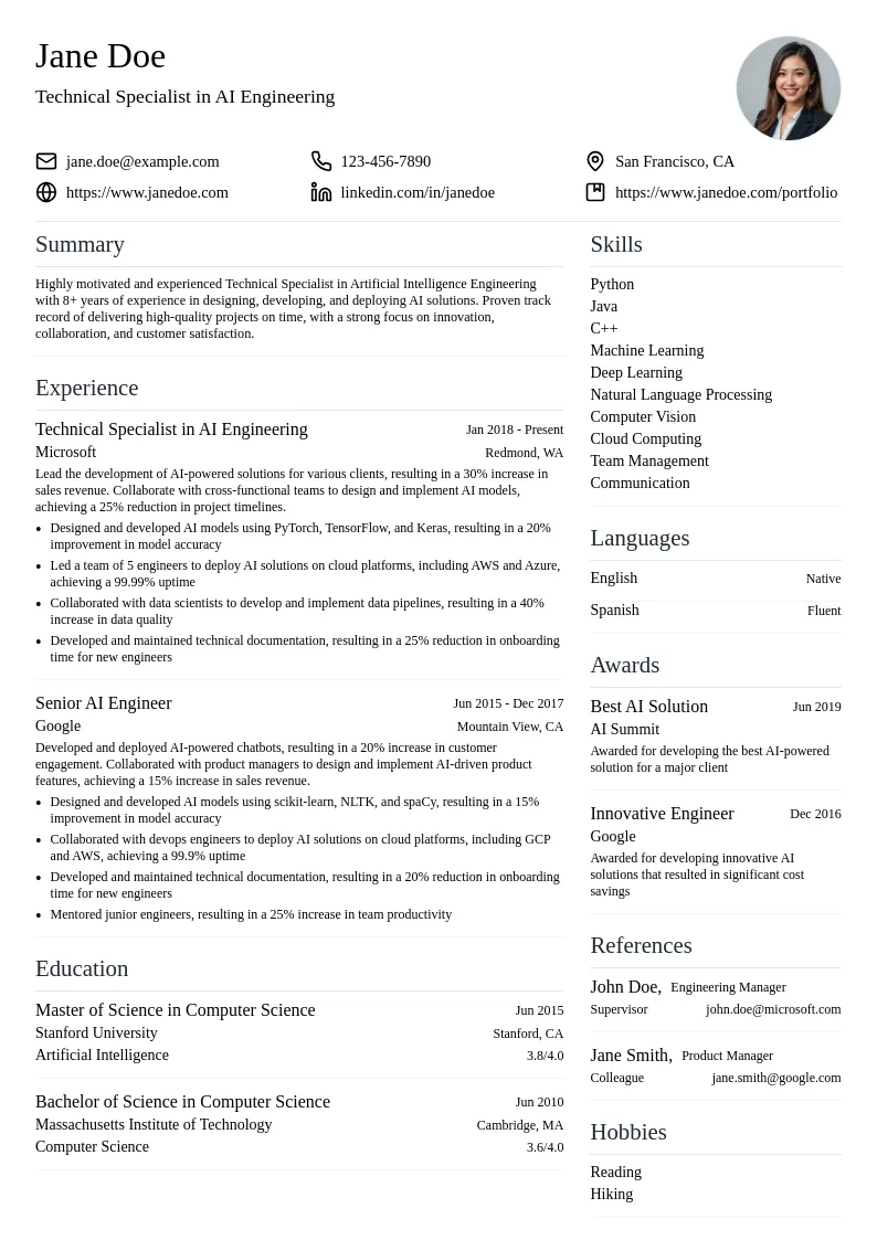 Technical Specialist in Artificial Intelligence Engineering resume example