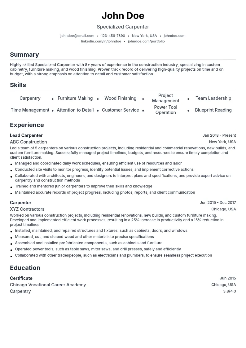 Specialized Carpenter resume example