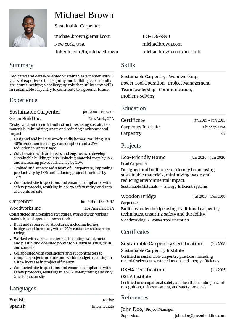 Sustainable Carpenter resume example