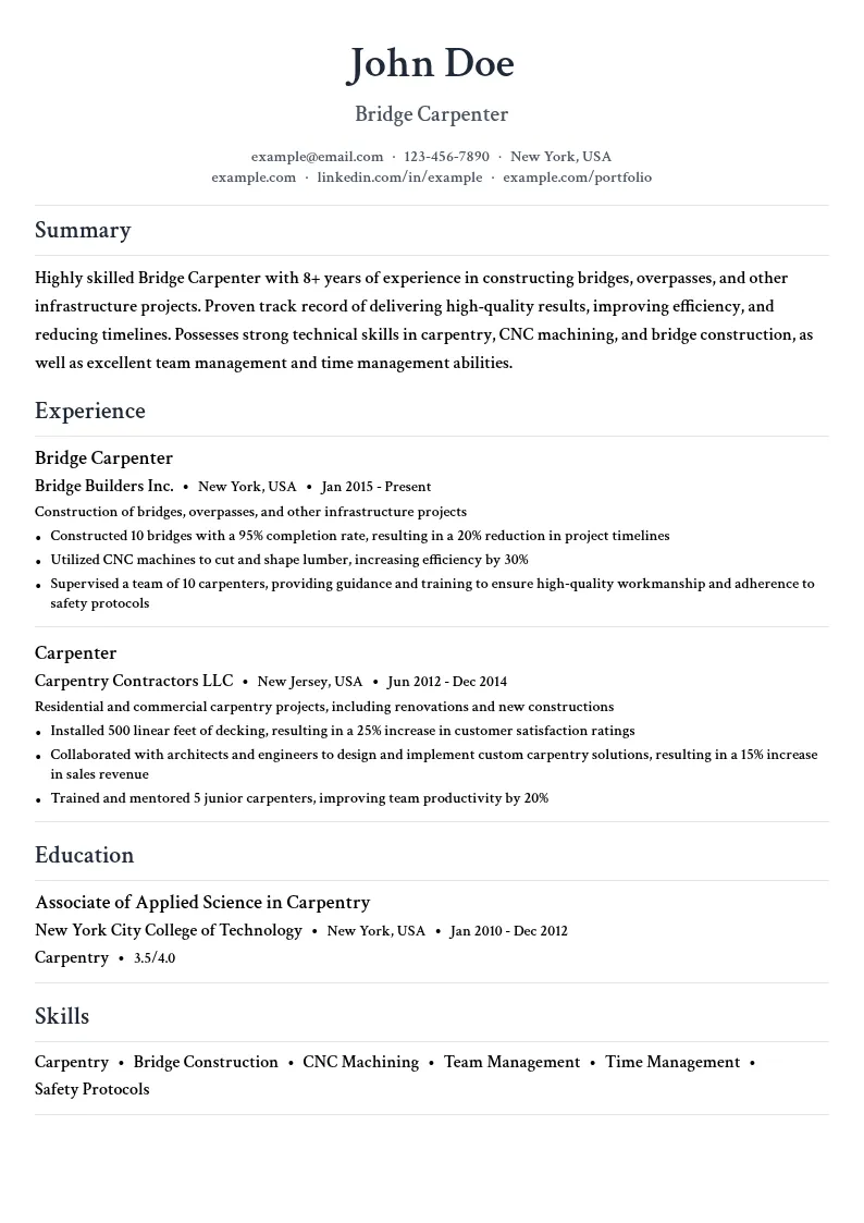 Bridge Carpenter resume example