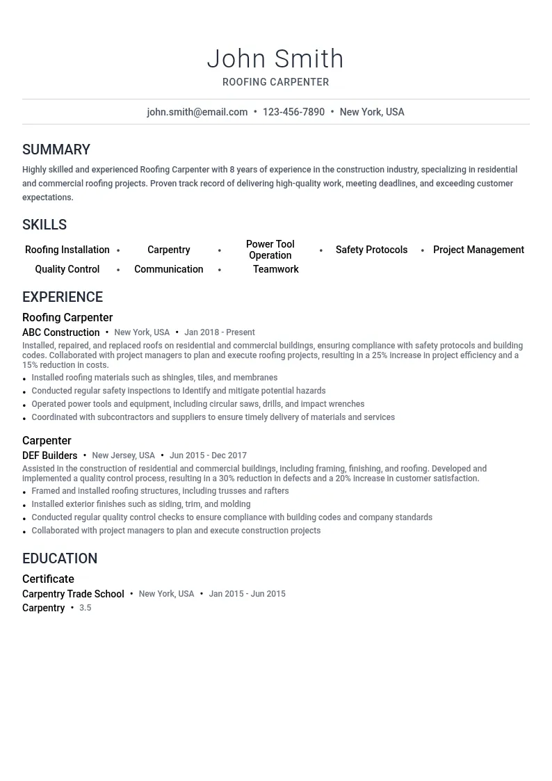 Roofing Carpenter resume example