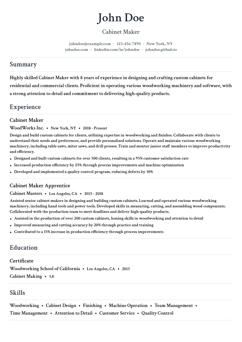 Cabinet Maker resume example