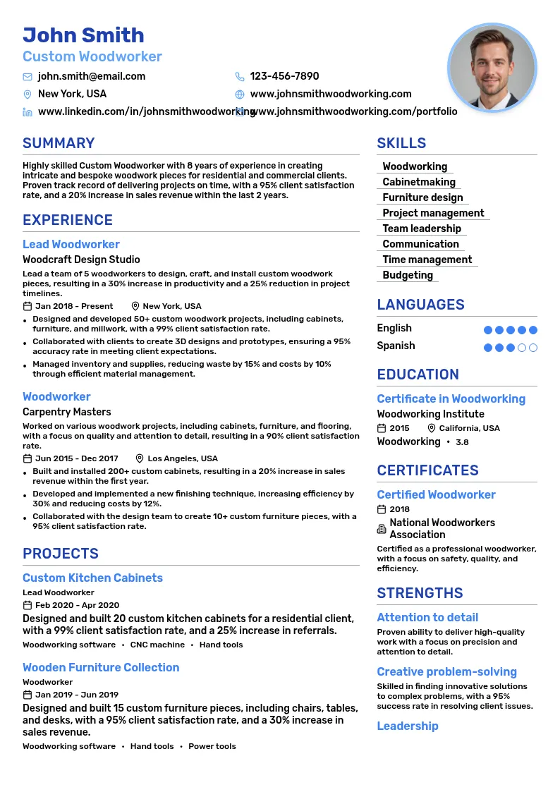 Custom Woodworker resume example