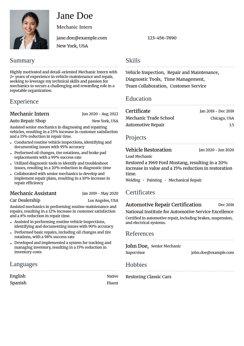 Mechanic Intern resume example