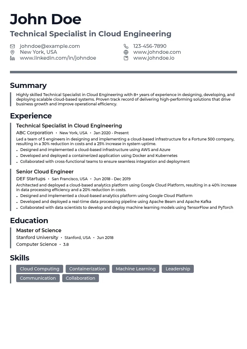 Technical Specialist in Cloud Engineering resume example